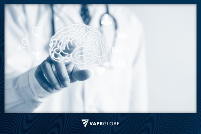 Finger zeigt auf Gehirn-Icon um das Thema Unterschiede zwischen Rauchern und Vapern bei Schlaganfallpatienten zu illustrieren